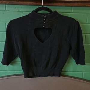 Collectif Black Short Sleeve Knit Top with Cutout and Button Mock Neck